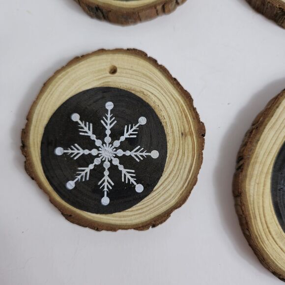 Set of 8 Rustic Wooden Log Pine Chips Black White Christmas Ornaments - Picture 5 of 11